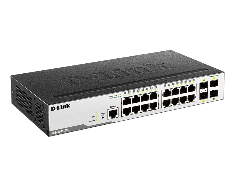картинка Коммутатор D-Link DGS-3000-20L управляемый 2 уровня с 16 портами 10/100/1000Base-T и 4 портами 1000Base-X SFP от магазина itmag.kz