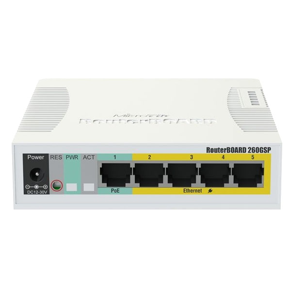 картинка Сетевой коммутатор MikroTik RB260GSP  RouterBOARD, PoE 4 порта, Passive PoE, 1 x SFP, 5 портов 10/10 от магазина itmag.kz