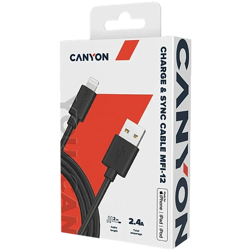 Кабель Canyon MFI-12 USB-A to Lightning, 2m, Black (CNS-MFIC12B) фото