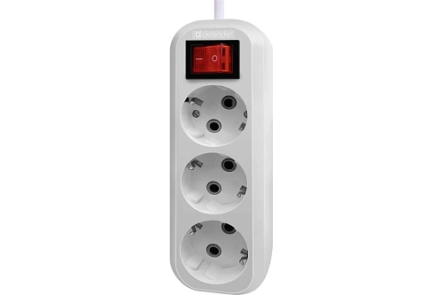 Удлинитель с заземлением Defender L330 16 А, 10 м, 3 розетки, выключ, белый (99357) фото