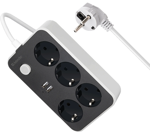 Удлинитель Defender без заземления R230 2 м, 4 розетки, 2xUSB, черный (99294) фото