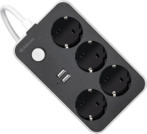 Удлинитель Defender без заземления R230 2 м, 4 розетки, 2xUSB, черный (99294) фото