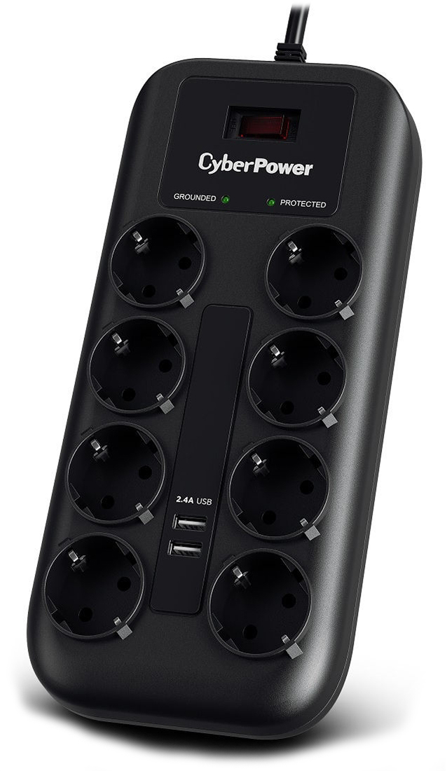 картинка Сетевой Фильтр CyberPower P0820SUE0-DE NEW  1,8м, 8 розеток, 10А, 1050Дж, 2 USB 2,4A, черный цвет от магазина itmag.kz